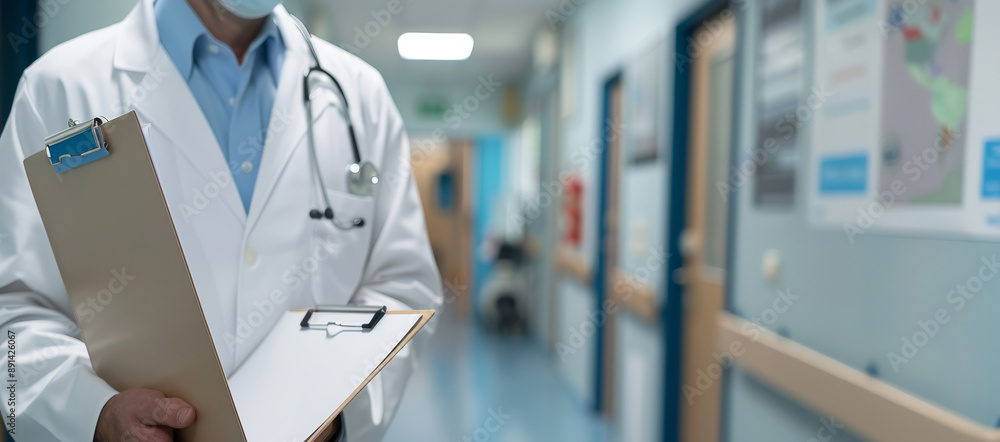 Obraz premium man in lab coat holding clipboard in hospital corridor