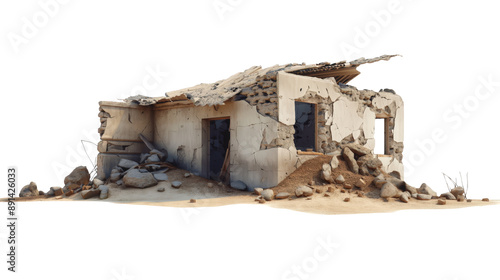 A broken and destroyed building in the desert isolated on transparent background photo