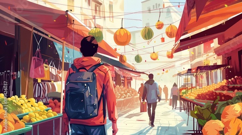 Solo Traveler Exploring a Vibrant City Market During a Sunny Day