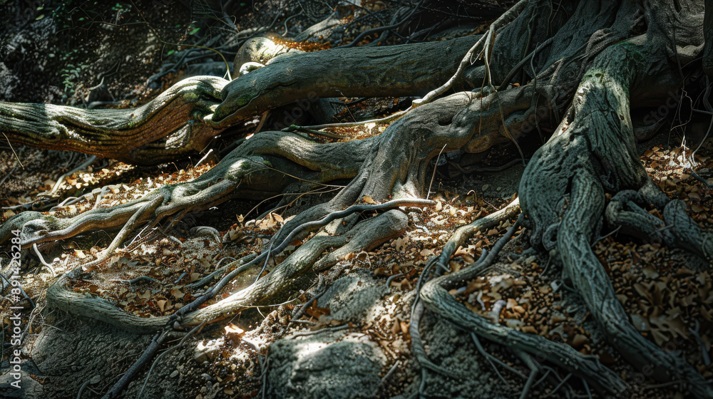 A photograph of ancient oak roots, twisted and sprawling, roots gripping rocky terrain, forest floor covered in leaves A photograph of ancient oak roots, twisted and sprawling, roots gripping rocky terrain, forest floor covered in leaves