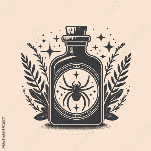 Spider in a bottle. Vintage retro engraving illustration. Black icon, isolated element. Art vector illustration