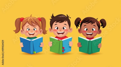 Happy children holding books on a light background. School concept. Cartoon illustration