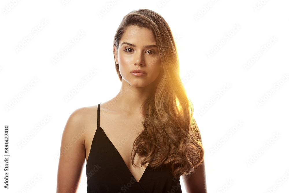 Serious, woman and portrait with confidence in studio for salon treatment, pride or satisfaction. Hair care, female person and face with shampoo shine for cosmetic, glow or growth on white background Serious, woman and portrait with confidence in studio for salon treatment, pride or satisfaction. Hair care, female person and face with shampoo shine for cosmetic, glow or growth on white background