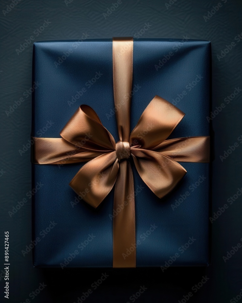 Top view of a luxurious dark blue gift box with a gold satin ribbon, dark background, ample copy space for holiday or Christmas present, elegant and classy Top view of a luxurious dark blue gift box with a gold satin ribbon, dark background, ample copy space for holiday or Christmas present, elegant and classy