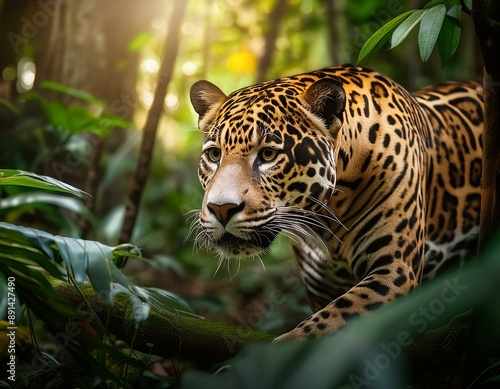 majestic jaguar slowly pads through the dense underbrush of tropical forest, its tawny coat blending seamlessly into the dappled shade., colors, misty, tropical forest © BIG NORTH