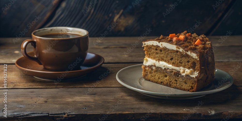 Delicious carrot cake paired with cup of hot coffee, with copy space, with empty space Delicious carrot cake paired with cup of hot coffee, with copy space, with empty space