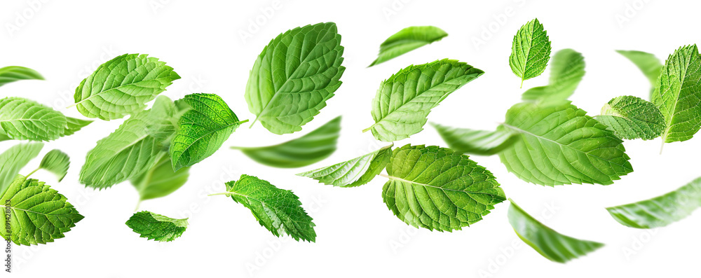 Flying delicious fresh mint leaves, cut out Flying delicious fresh mint leaves, cut out