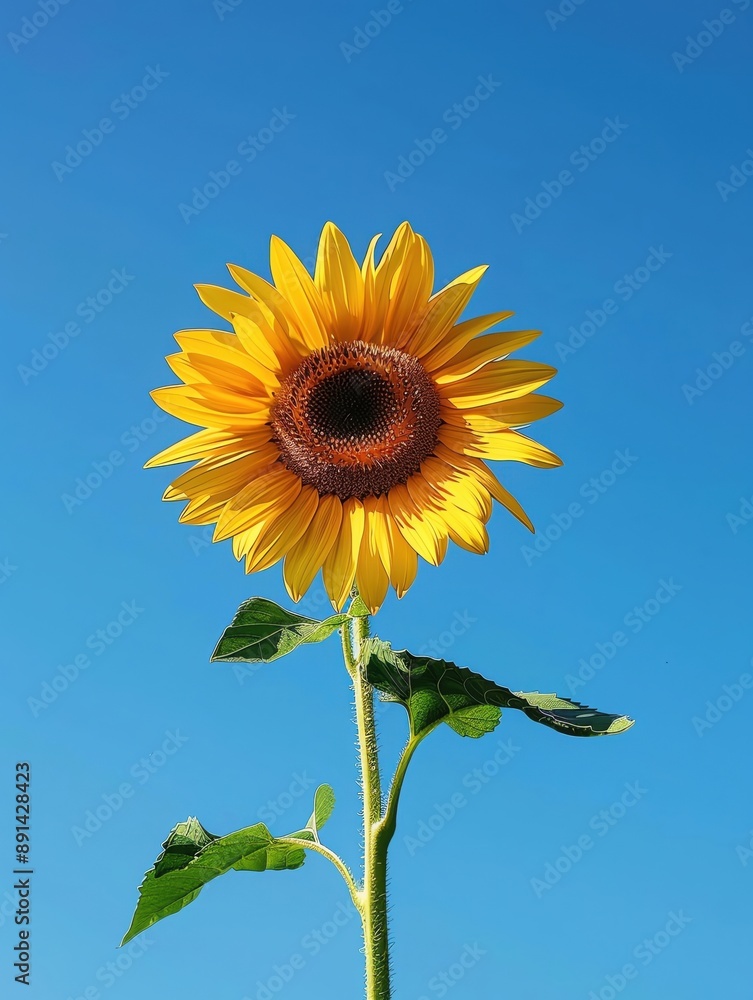 A single sunflower standing tall against a bright blue sky, vibrant and eye-catching, perfect for advertising with ample copy space A single sunflower standing tall against a bright blue sky, vibrant and eye-catching, perfect for advertising with ample copy space