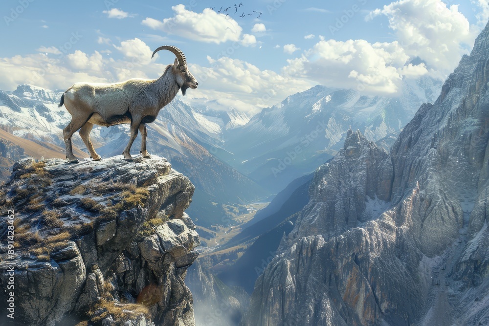 Naklejka premium A beautiful alpine ibex standing on a rocky cliffside, overlooking a stunning mountain landscape
