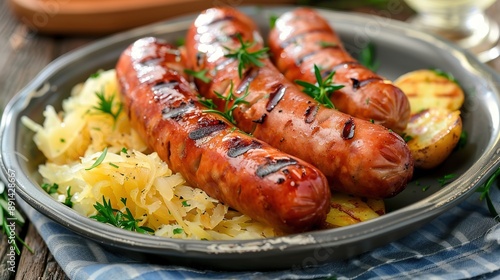 Grilled German sausages with sauerkraut and potatoes