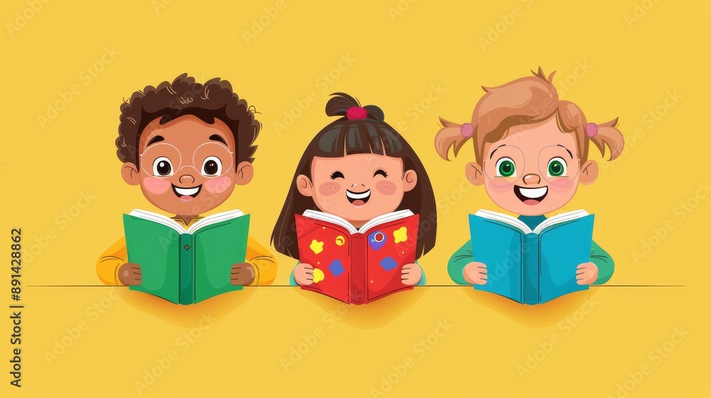 Happy children holding books on a light background. School concept. Cartoon illustration Happy children holding books on a light background. School concept. Cartoon illustration