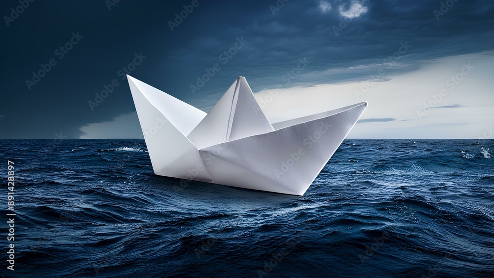 A paper boat at sea during a storm. White paper boat on a sea background. Concept: facing the challenges of life A paper boat at sea during a storm. White paper boat on a sea background. Concept: facing the challenges of life