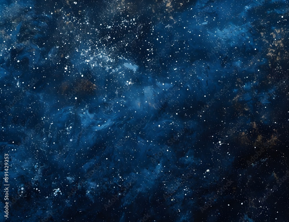 Obraz premium A starry night sky, with stars twinkling in the dark blue background. The overall tone is deep and mysterious, with small details of various celestial bodies scattered across it.