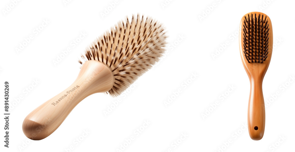 Set of wooden round and paddle hairbrush isolated on a transparent background. Professional styling hairbrushes. Set of wooden round and paddle hairbrush isolated on a transparent background. Professional styling hairbrushes.