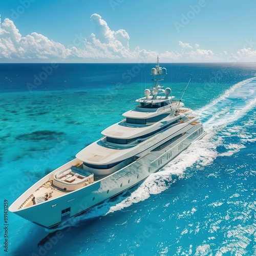 luxurious mega yacht cruising through crystalclear turquoise waters white sails billowing against a cloudless azure sky photo