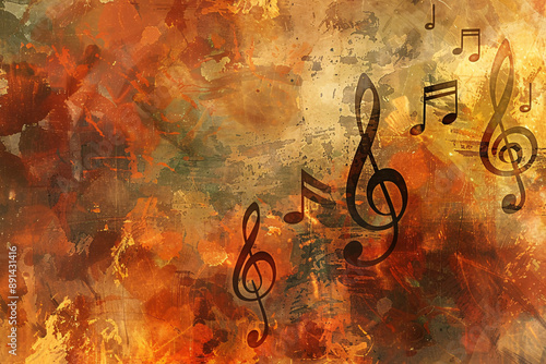 Abstract painting featuring black music notes against a textured background of warm colors like orange and yellow