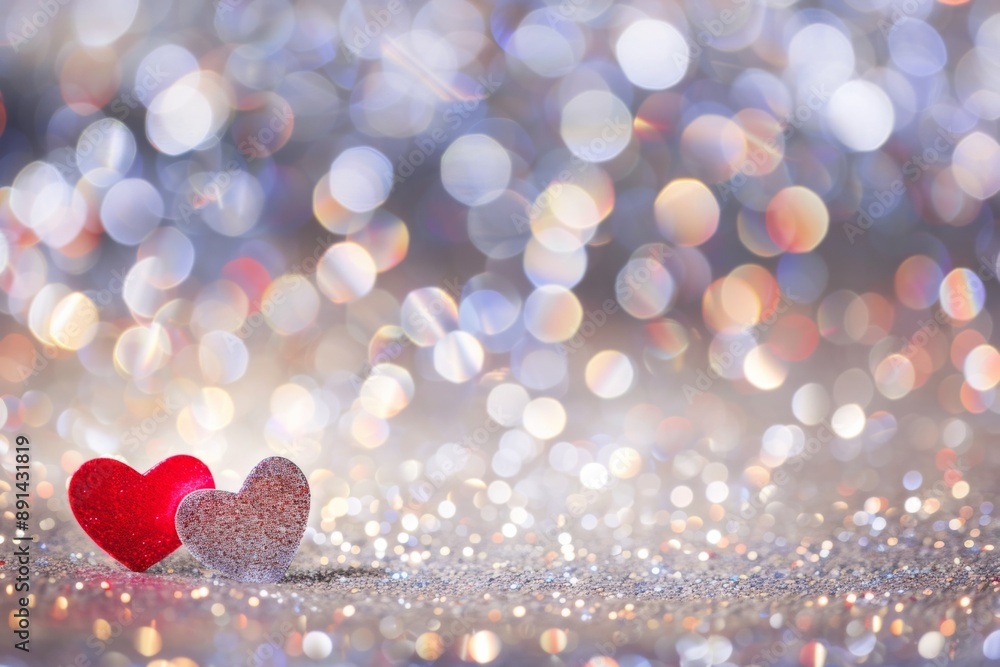 Fototapeta premium Glittering Hearts on a Silver Background With Soft, Romantic Bokeh