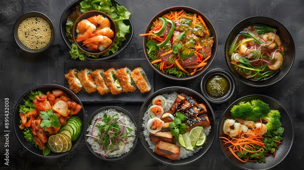 A Colorful Array of Asian Cuisine Featuring Shrimp, Sushi, and Fresh Vegetables A Colorful Array of Asian Cuisine Featuring Shrimp, Sushi, and Fresh Vegetables