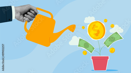 Concept of financial or investment growth. Wealth profit growth, earning increase, increase earning profit and capital gain. Vector collage with hand of businessman watering growing money plant.