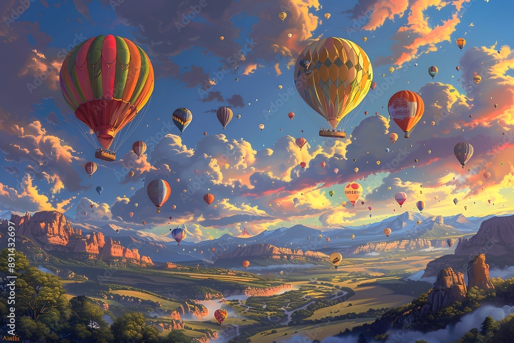Naklejka premium A Colorful Sky: Hot Air Balloons Soaring Over a Scenic Landscape at Sunset