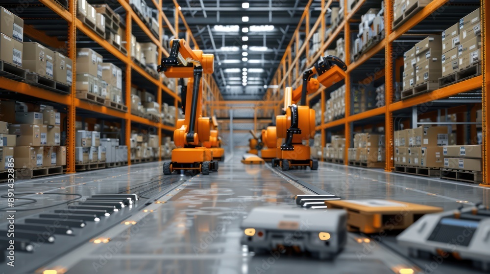 Futuristic Automated Sorting System with Robotic Arms in Logistics Center 3D Render, Generative Ai Futuristic Automated Sorting System with Robotic Arms in Logistics Center 3D Render, Generative Ai