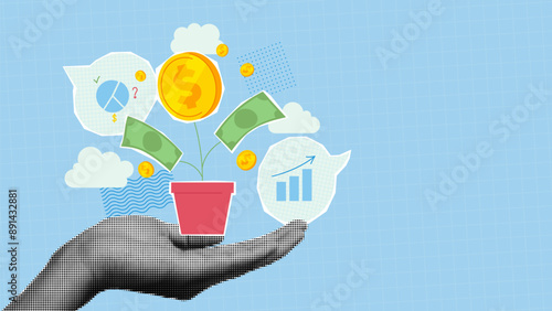 Concept of investment or financial growth. Wealth profit growth, earning increase, increase earning profit and capital gain. Vector collage with hand of businessman holding growing money plant.