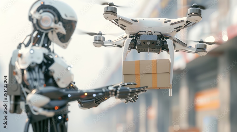 Fototapeta premium Futuristic Delivery Service: 3D Render of Drone Delivering Package to Robot Customer, Generative Ai