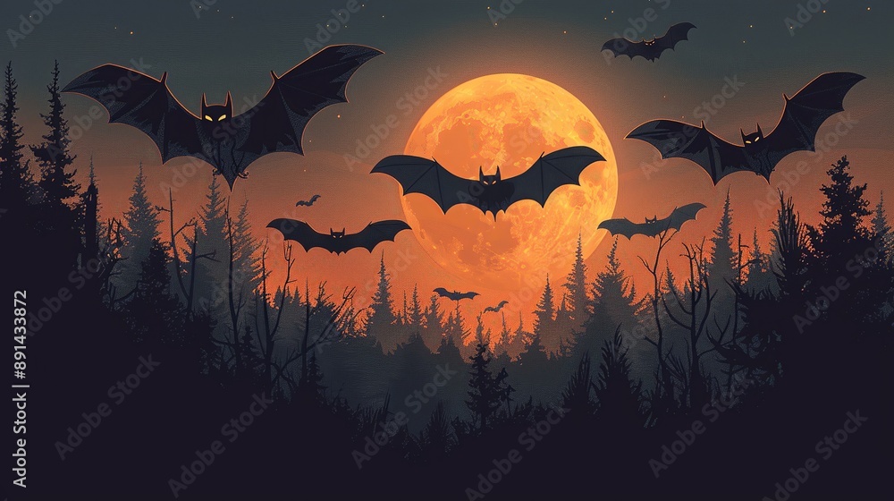 Bats flying through a dark forest with a full moon in the background perfect for Halloween-themed illustrations and eerie designs Illustration Flat Color, Clip Art Style , Minimalism, Bats flying through a dark forest with a full moon in the background perfect for Halloween-themed illustrations and eerie designs Illustration Flat Color, Clip Art Style , Minimalism,