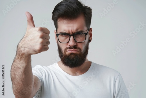 A Frowning Man With a Thick Beard Gives a Thumbs Up Against a White Background