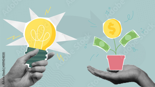 Creative idea to make money. Make money idea or idea pitching for fund raising concept. Investing or crowd funding concept. Vector illustration with halftone hands holding light bulb and money plant.