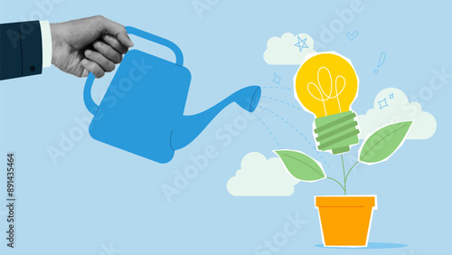 New idea concept. Businessman watering growing idea plant. Business start-up or investment growth. Generation of ideas concept. Vector illustration. Retro poster or banner. Creative trend collage.