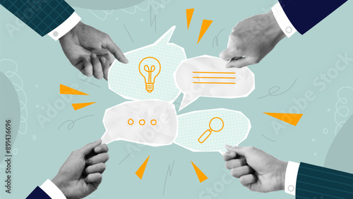 Teamwork concept banner. Concept of creative idea, brainstorm, networking, business planning and strategy. Vector illustration with paper cut out elements. Retro banner. Creative trend collage.