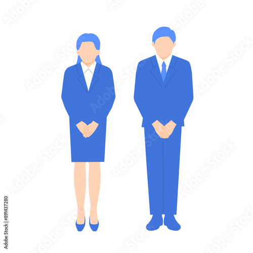 お辞儀をするスーツの女性と男性のイラスト
