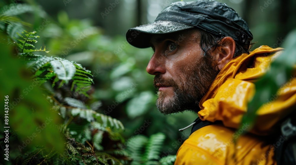 Obraz premium An outdoor explorer wearing a yellow raincoat is seen from the side, surrounded by the lush greenery of a dense forest, capturing a moment of immersion in nature.