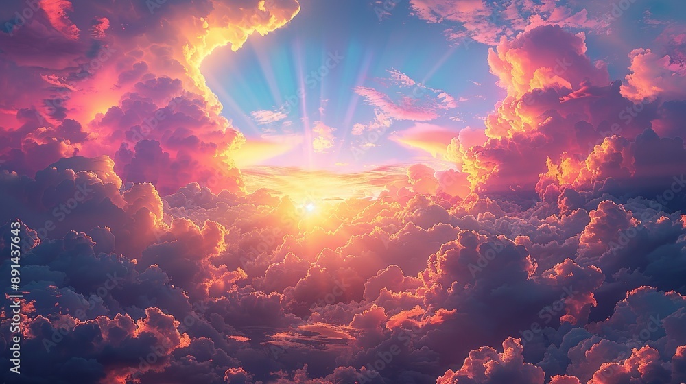 Surreal sky with colorful clouds and rays of light creating a magical and otherworldly atmosphere perfect for fantasy-themed illustrations Illustration Flat Color, Clip Art Style , Minimalism, Surreal sky with colorful clouds and rays of light creating a magical and otherworldly atmosphere perfect for fantasy-themed illustrations Illustration Flat Color, Clip Art Style , Minimalism,