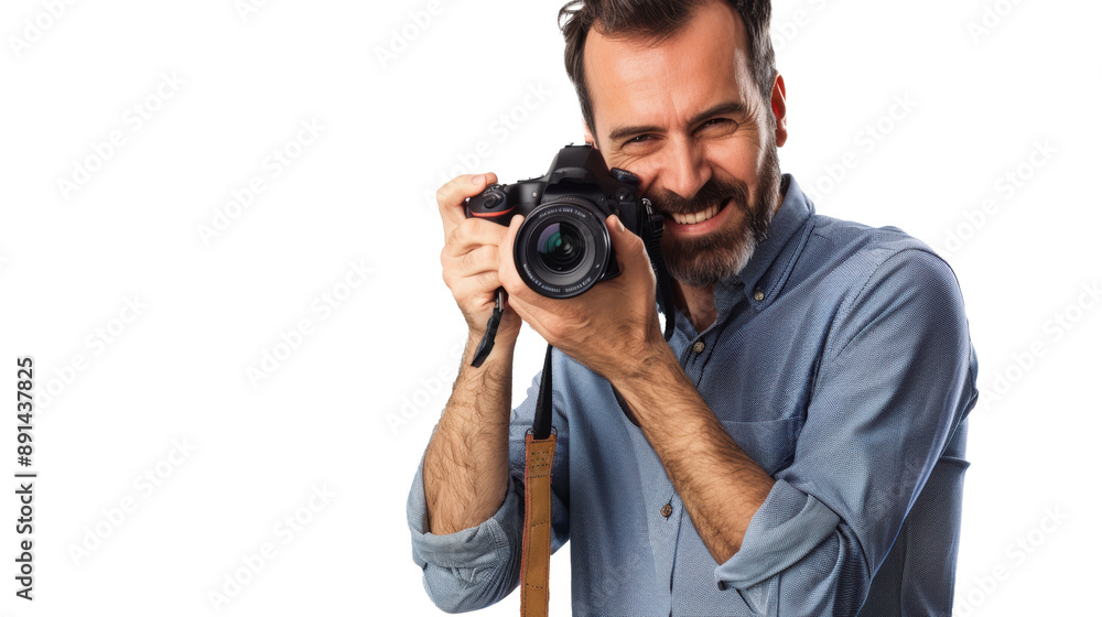 Smiling man photographer is taking images photo with dslr camera Smiling man photographer is taking images photo with dslr camera