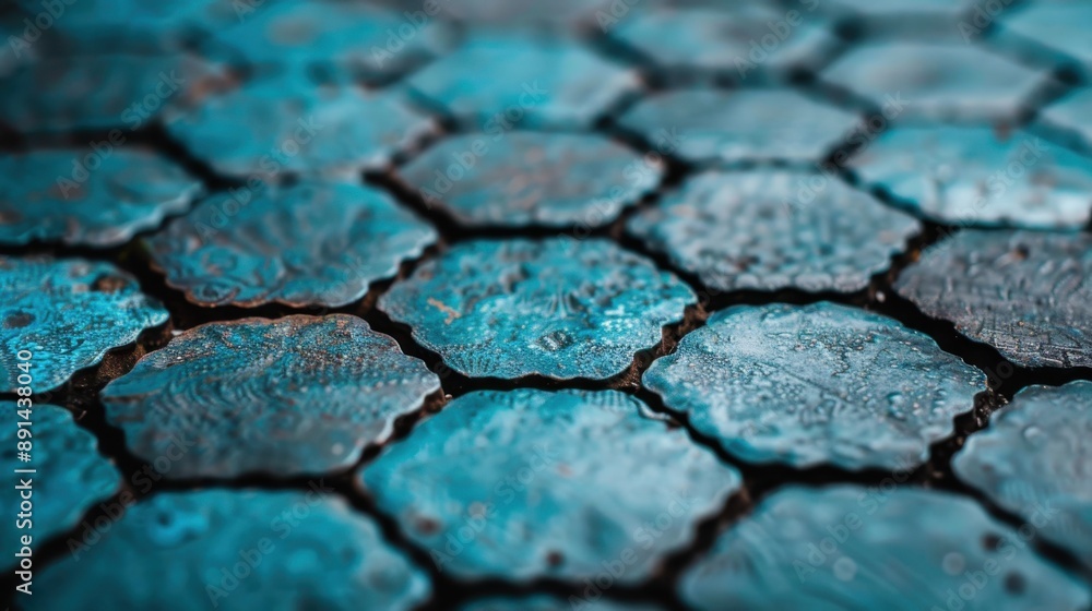 Obraz premium A close-up image of turquoise tiles, showcasing their detailed and weathered surfaces, each tile distinctly shaped and artistically captured, revealing intricate patterns and a deep sense of age and 