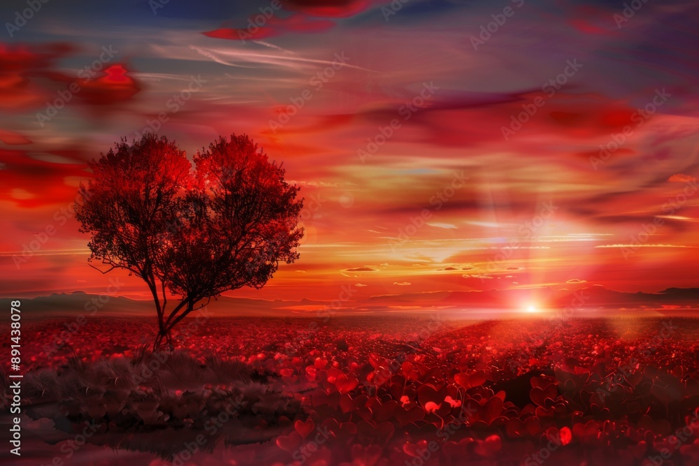 A Heart-Shaped Tree Stands Tall Against The Crimson Sunset A Heart-Shaped Tree Stands Tall Against The Crimson Sunset