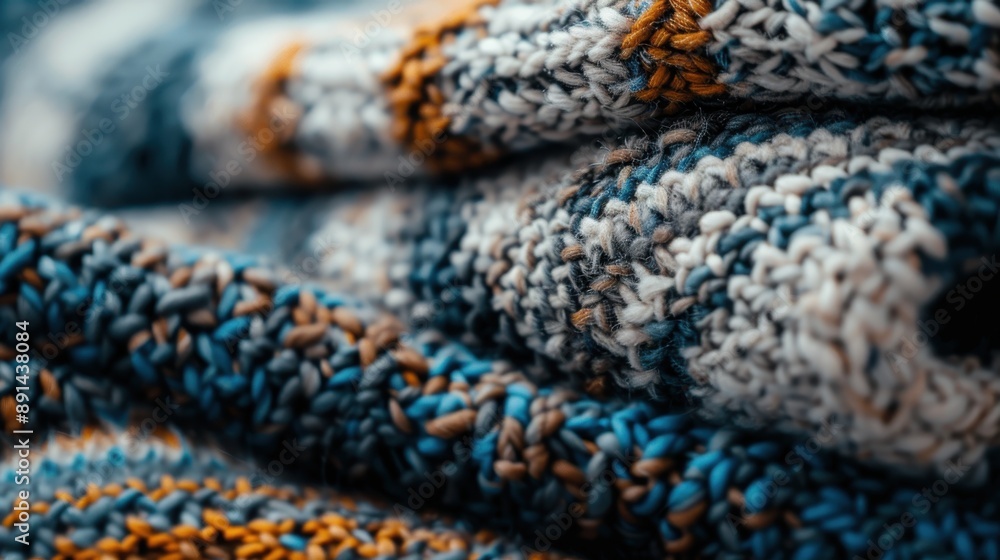 A close-up of cozy knitted fabric displaying intricate details in shades of blue and warm accents, capturing the texture and warmth, evoking feelings of comfort and homeliness. A close-up of cozy knitted fabric displaying intricate details in shades of blue and warm accents, capturing the texture and warmth, evoking feelings of comfort and homeliness.