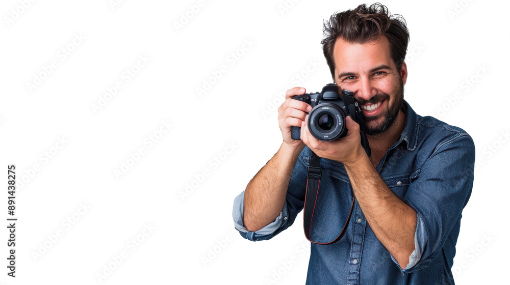 Smiling man photographer is taking images photo with dslr camera Smiling man photographer is taking images photo with dslr camera