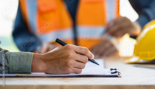 Contraction site manager holding black pen and placing his hand on top of personal safety risk assessment take booklet on the table with defocused co-teamwork at the background.