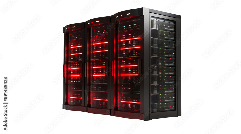 Data center server rack with red light isolated on transparent background Data center server rack with red light isolated on transparent background