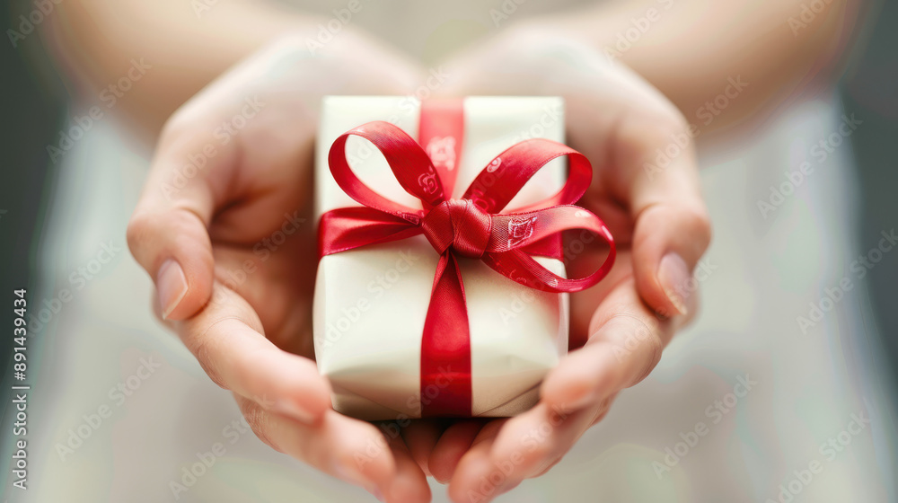 A photograph of hands holding a gift box, red ribbon around the box, detailed and sharp focus, corporate office background A photograph of hands holding a gift box, red ribbon around the box, detailed and sharp focus, corporate office background