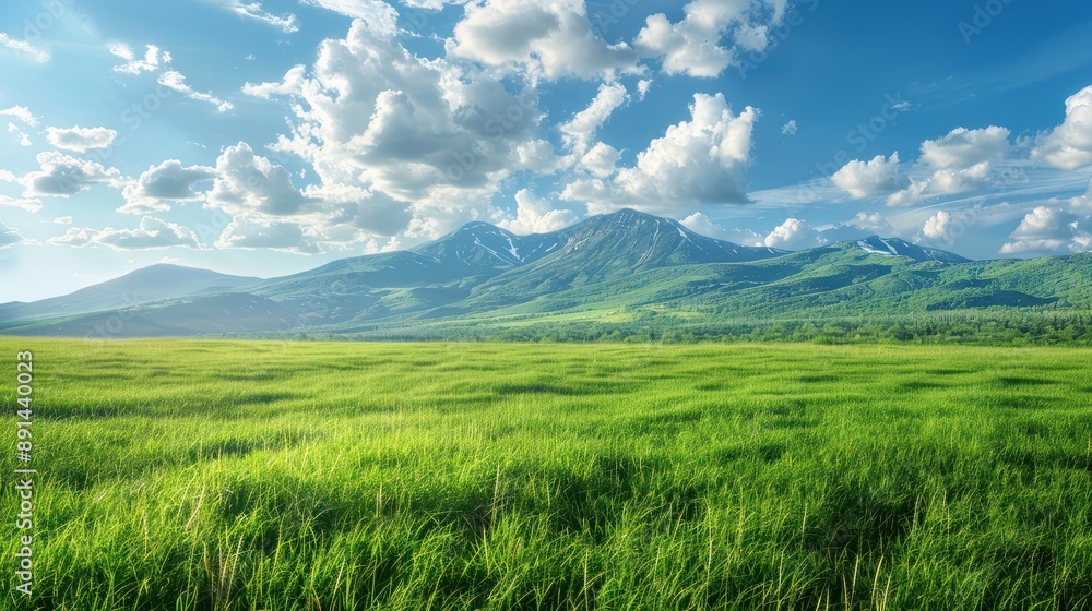 Panoramic natural landscape with green grass field, blue sky with clouds and mountains in background. Panoramic natural landscape with green grass field, blue sky with clouds and mountains in background.