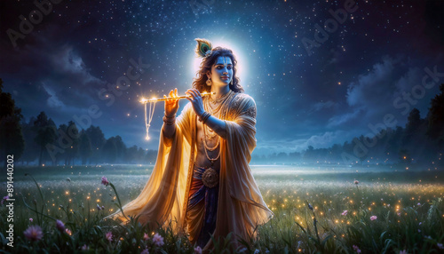 Lord Krishna Beautiful Night Illuminated image