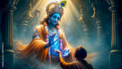 Lord Krishna in divine form Blessing His Devotee