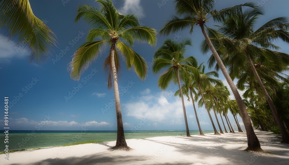 Obraz premium Coconut palms stretch towards the sky against a backdrop of azure blue sky and white sand.