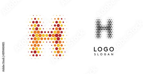 Abstract letter H logo with orange to red gradient dots, modern minimalist dotted logotype design for business branding, corporate identity, technology firms. Professional symbol. Vector illustration