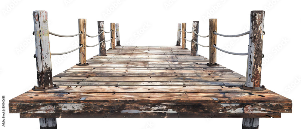 Obraz premium Zwietrzały drewniany pomost z linowymi poręczami, wycięty