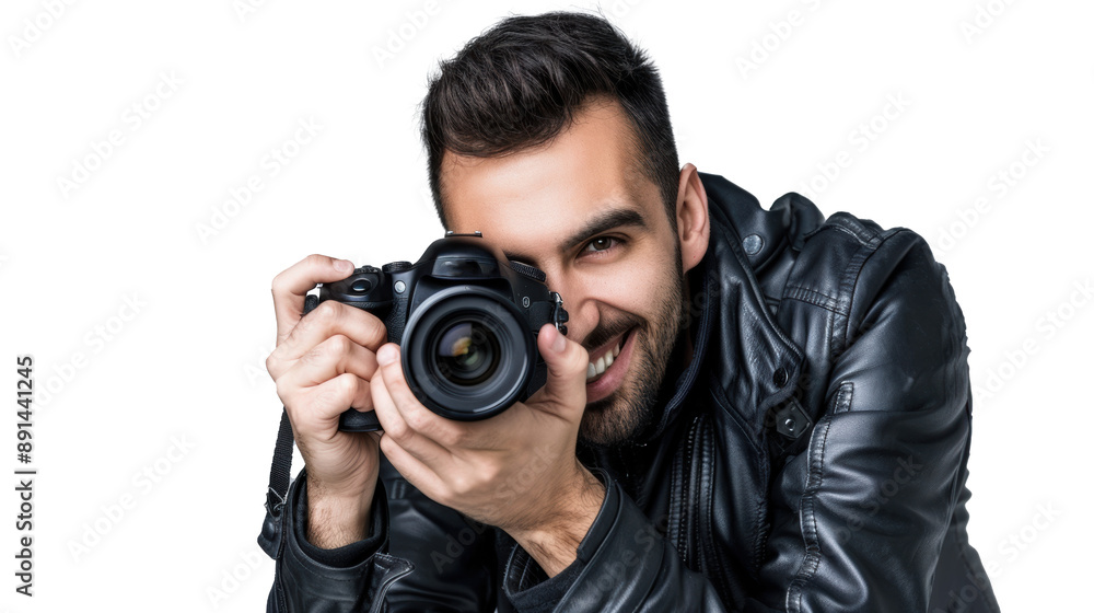 Smiling man photographer is taking images photo with dslr camera Smiling man photographer is taking images photo with dslr camera